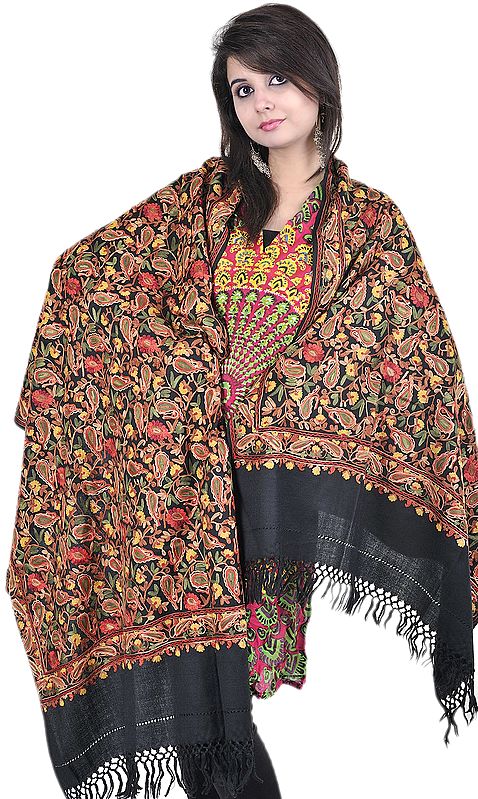Black Stole from Amritsar with Embroidered Paisleys and Flowers All-Over
