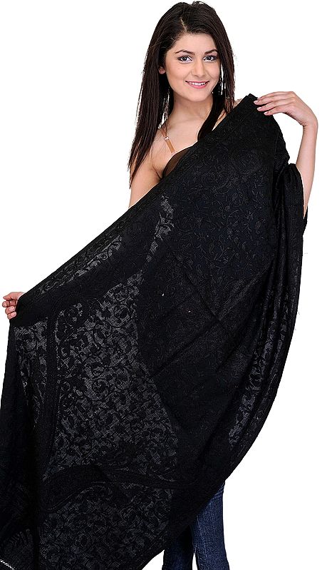 Black Stole from Kashmir with Aari Embroidered Paisleys by Hand