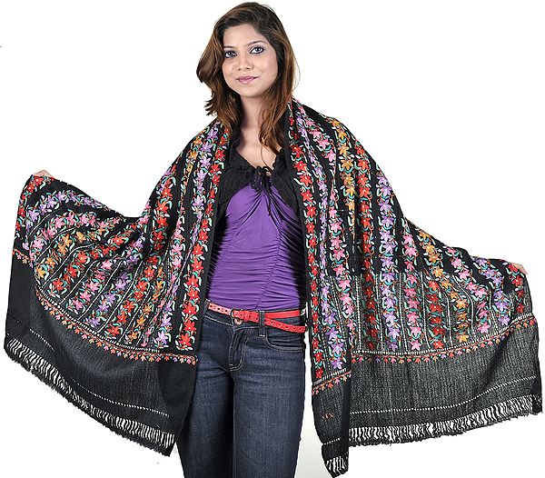 Black Stole from Kashmir with Aari-Embroidered Flowers by Hand All-Over