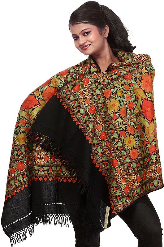 Black Stole from Kashmir with Densely Aari Embroidered Flowers