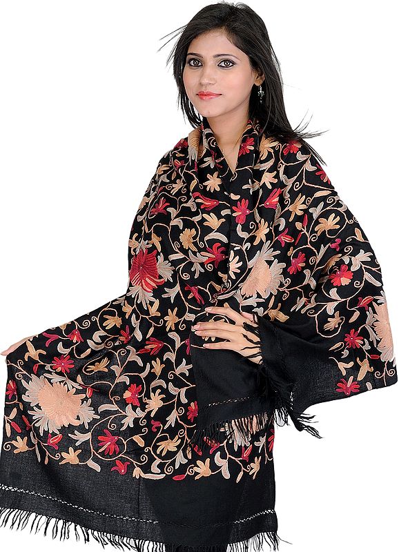 Black Stole from Kashmir with Hand Embroidered Flowers All-Over