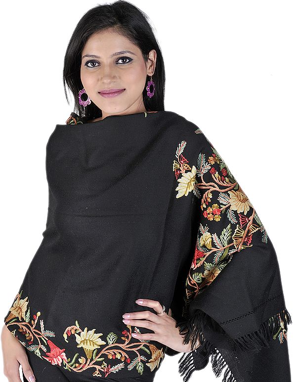 Black Stole from Kashmir with Hand Embroidered Flowers on Border