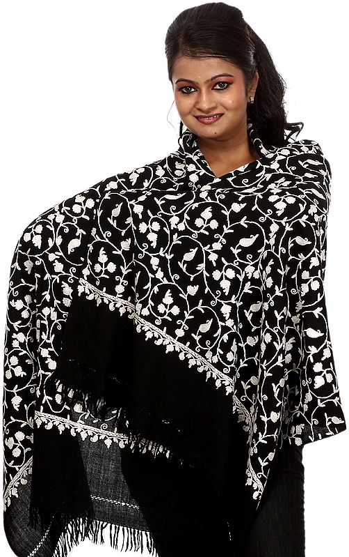 Black Stole from Kashmir with Hand-Embroidered Paisleys in White Thread