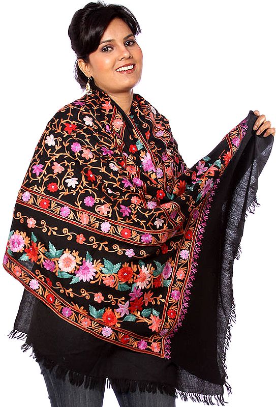 Black Stole from Kashmir with Multi-Color Crewel Embroidery