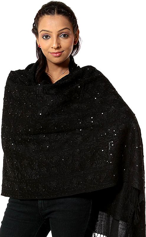 Black Stole with Aari Embroidery and Sequins All-Over