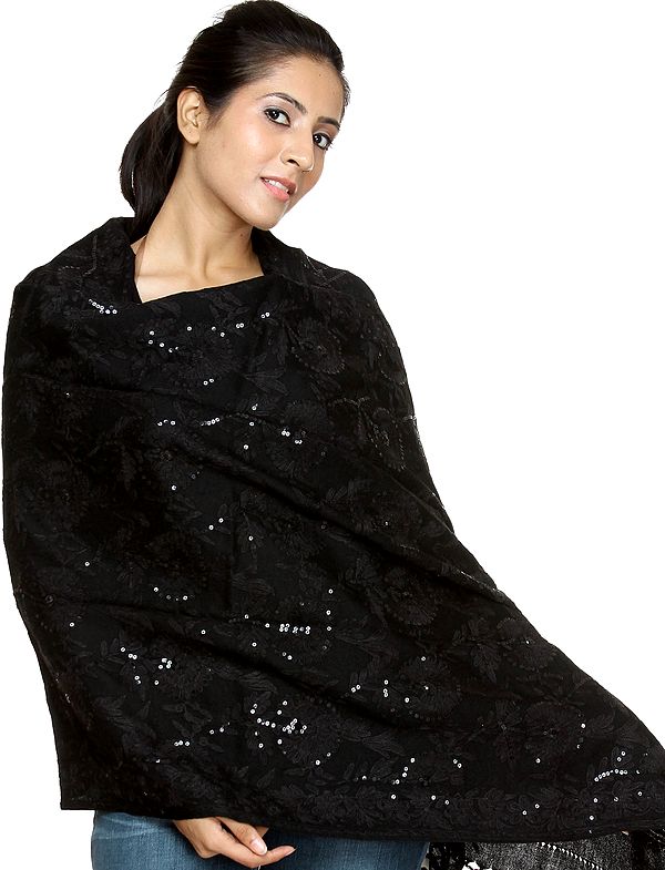 Black Stole with Aari Embroidery and Sequins