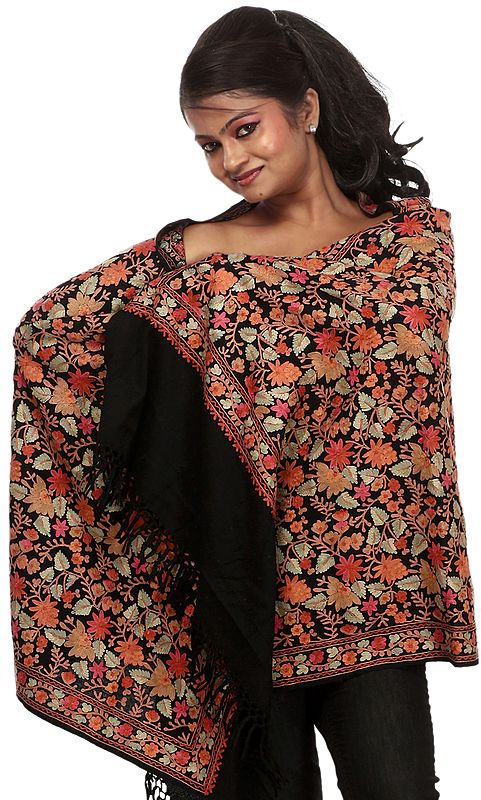 Black Stole with Crewel Embroidered Flowers All-Over