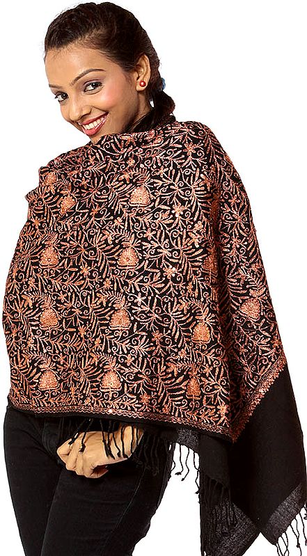 Black Stole with Crewel Embroidery in Copper Thread All-Over