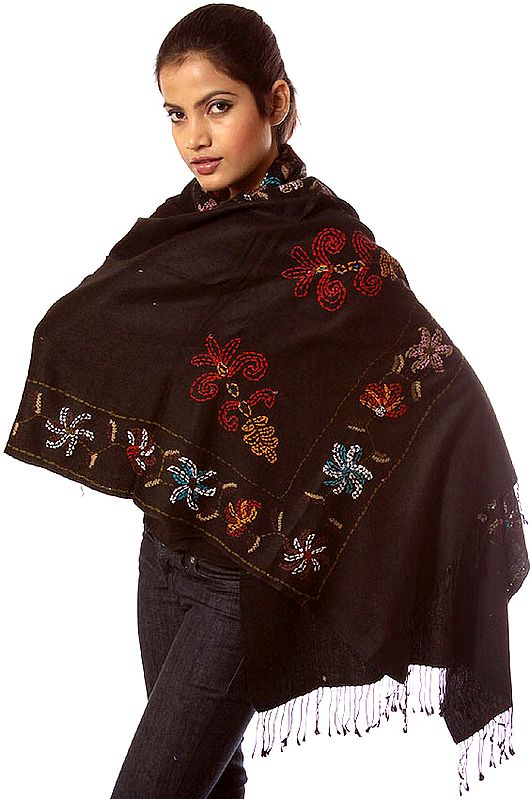 Black Stole with Kantha Stitched Hand Embroidered Flowers