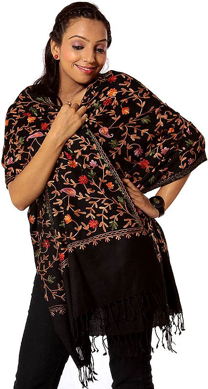 Black Stole with Multi-Colored Crewel Embroidery