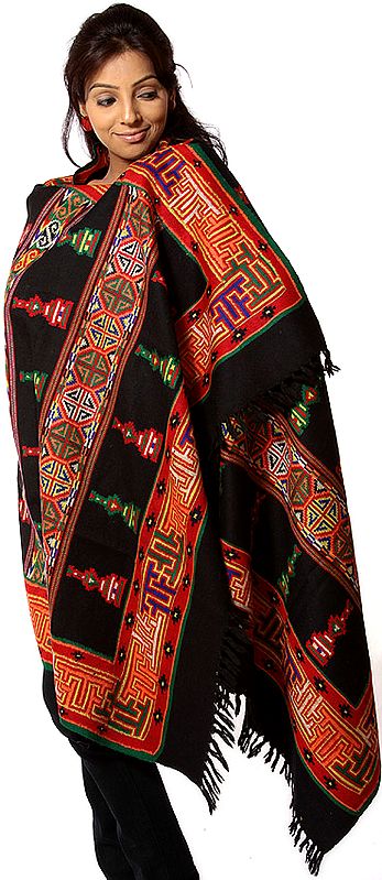 Black Traditional Kullu Shawl with Multi-Color Thread Weave