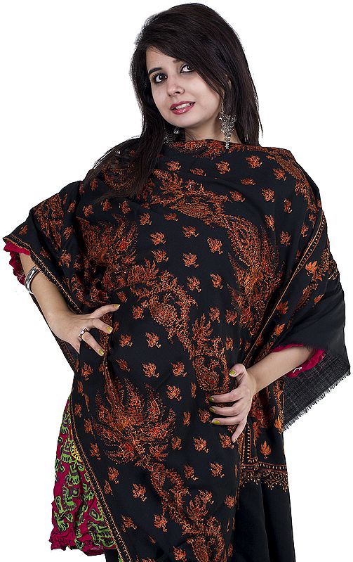 Black Tusha Shawl from Kashmir with Large Sozni Embroidered Chinar Leaves