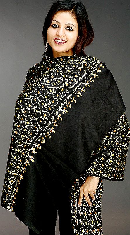Black Tusha Shawl with All-Over Kashmiri Embroidery