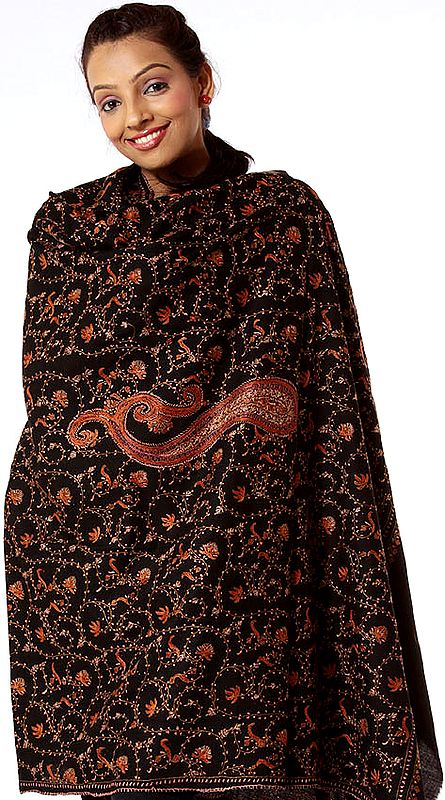 Black Tusha Shawl with Jaal Embroidery and Central Paisley