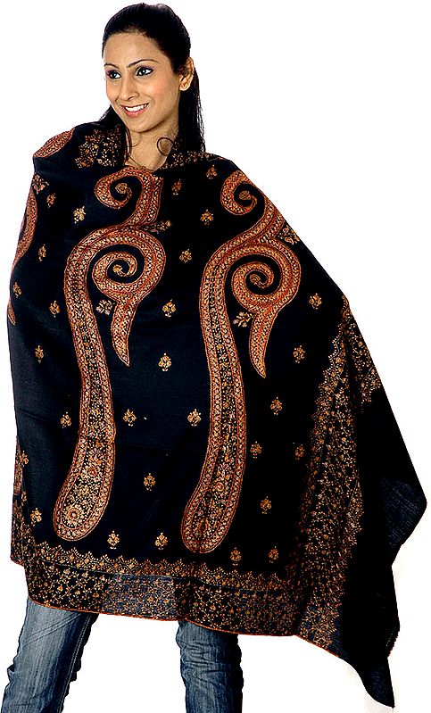 Black Tusha Shawl with Large Sozni Embroidered Paisleys