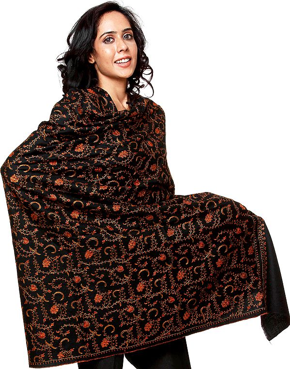 Black Tusha Shawl with Sozni Embroidered Jaal by Hand