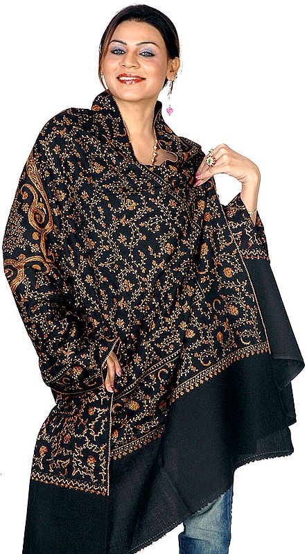 Black Tusha Shawl with Sozni Embroidery All-Over