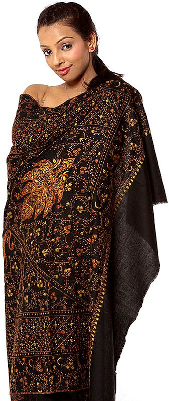 Black Tusha Shawl with Sozni Embroidery and Central Flower