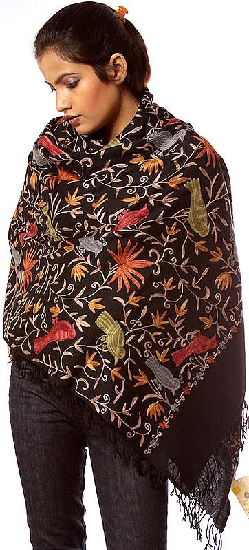 Black Stole with Aari Embroidered Birds