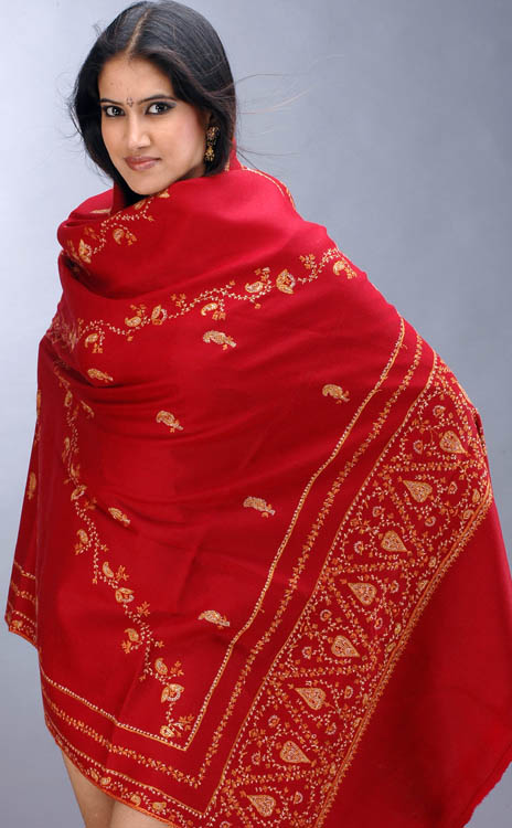 Blood Red Shawl with Kantha Stitch Embroidery