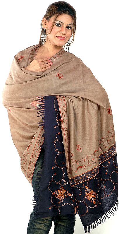 Blue and Beige Shawl with Needle-Stitch Embroidery