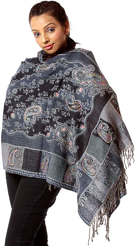 Blue Boiled-Wool Stole with Embroidered Paisleys