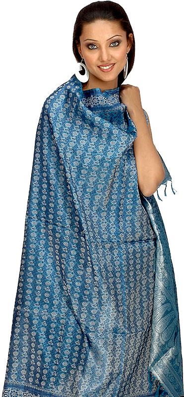Blue Brocaded Shawl from Banaras