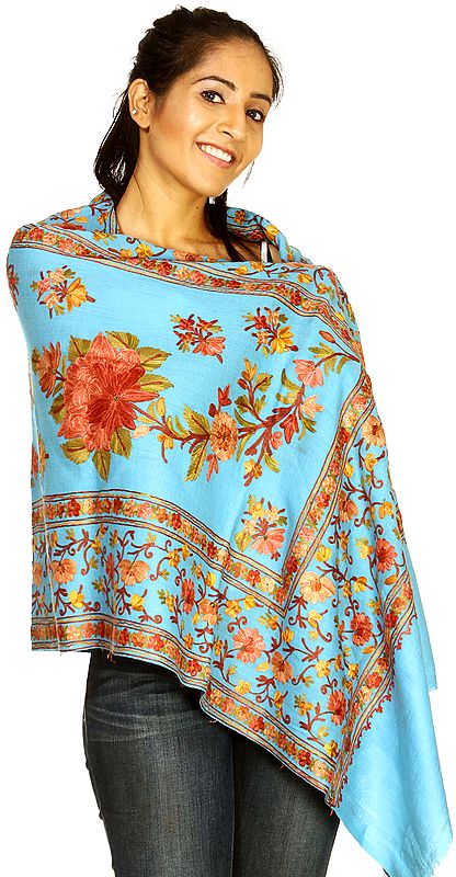 Blue Kashmiri Stole with Aari Embroidered Flowers All-Over