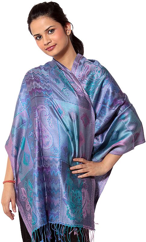 Blue Reversible Jamawar Stole with All-Over Woven Paisleys