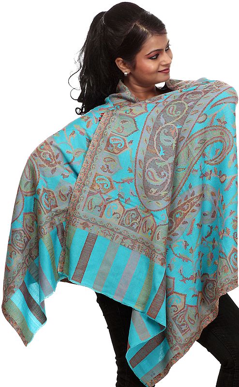 Blue-Atoll Kani Stole with Woven Paisleys in Multi-Color Threads