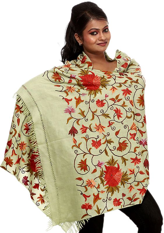Bog-Green Kashmiri Stole with Hand Embroidered Flowers All-Over