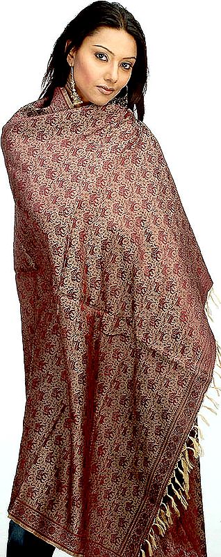 Bordeaux Brocaded Shawl from Banaras with Elephants and Deers