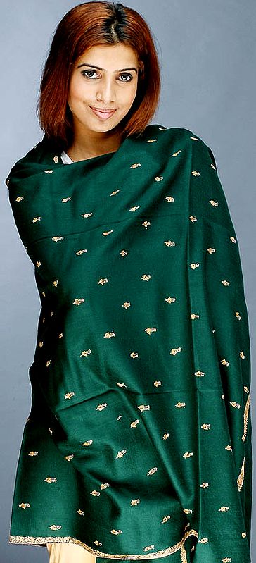 Bottle Green Shawl with Embroidered Bootis