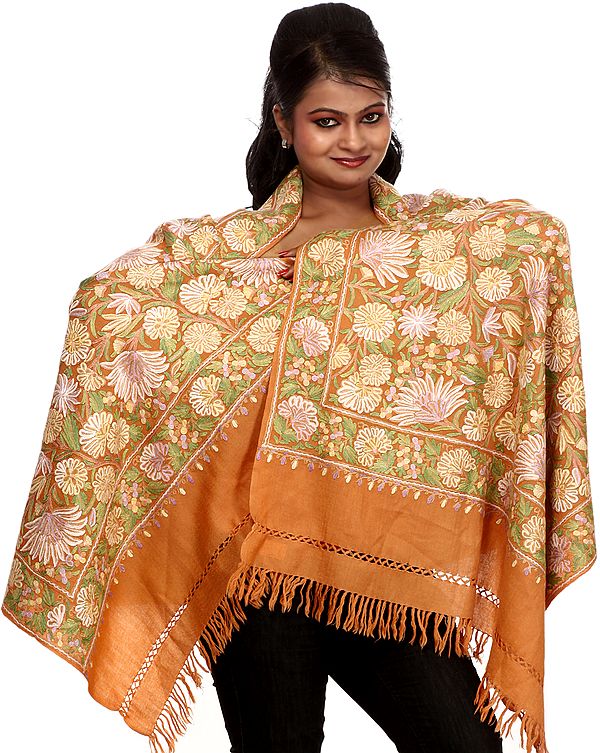 Brandied-Melon Jamdani Kashmiri Stole with Hand Embroidered Flowers All-Over