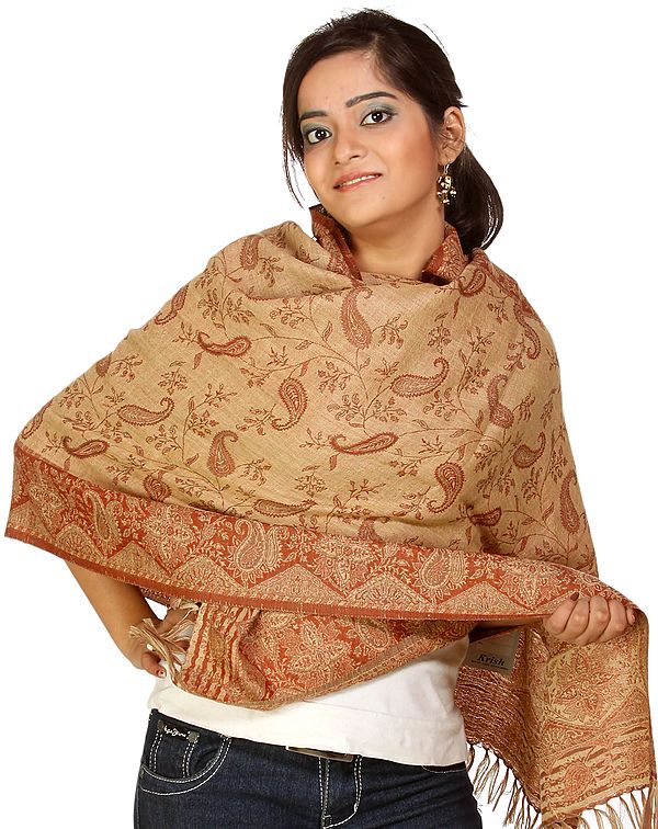 Brown and Beige Jamaawar Stole with Woven Paisleys