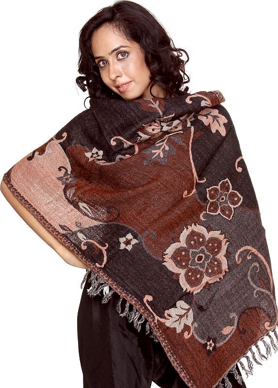 Brown and Black Jamawar Stole with Woven Flowers
