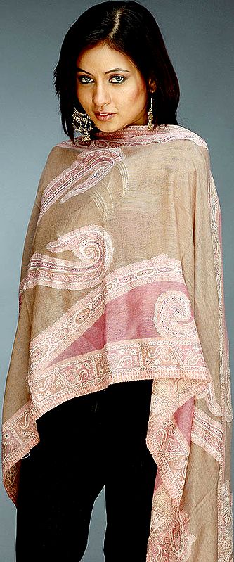 Brown and Pink Jamawar Stole with Crystals