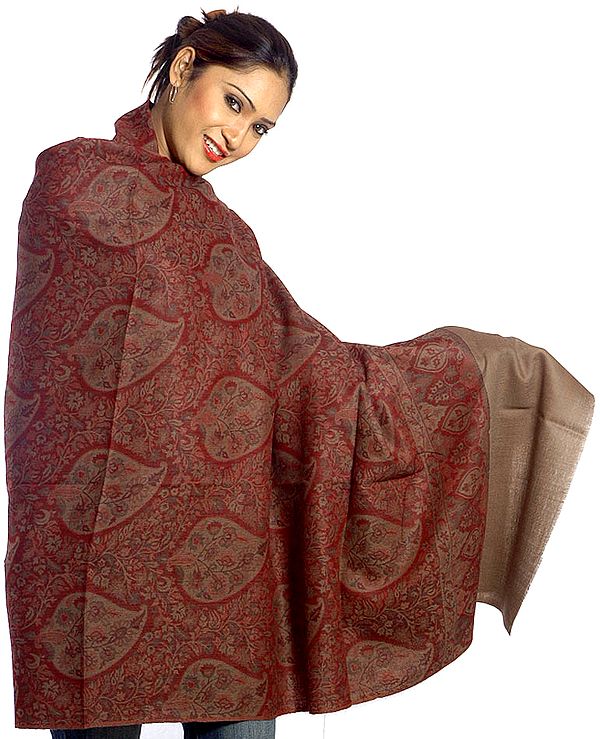 Brown and Red Jamawar Shawl with All-Over Woven Leaves