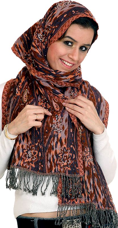 Brown Boiled Wool Jamawar Scarf with Beads and Imitation Pearls