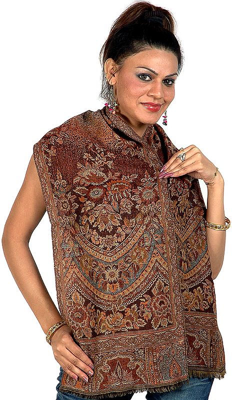 Brown Jamawar Scarf with Floral Weave