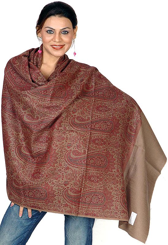 Brown Jamawar Shawl with All-Over Woven Paisleys in Maroon Thread