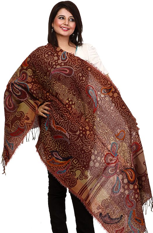 Brown Jamawar Stole with Embroidered Paisleys