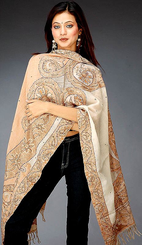 Brown Jamawar Stole with Kantha Stitch and Sequins