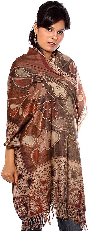 Brown Jamawar Stole with Woven Flowers