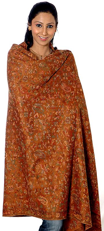 Brown Kani Shawl with Multi-Color Woven Flowers