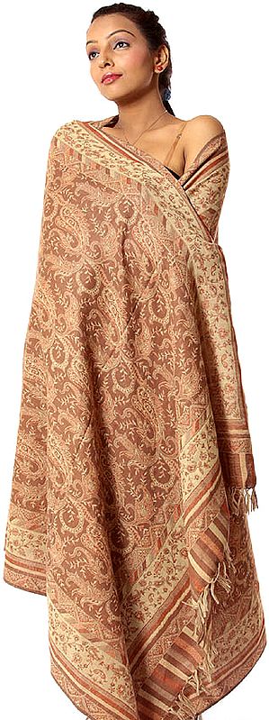 Brown Reversible Jamawar Shawl with All-Over Weave