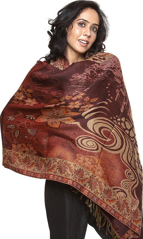 Brown Reversible Jamawar Stole with Woven Flowers