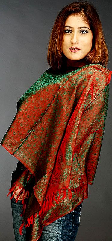 Burgundy and Green Banarasi Stole with Tanchoi Weave