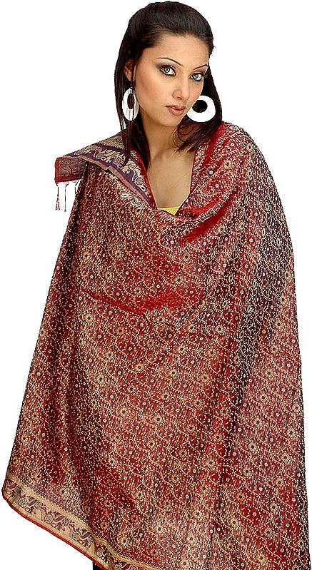 Burnt Umber Brocaded Shawl from Banaras with Tanchoi Weave