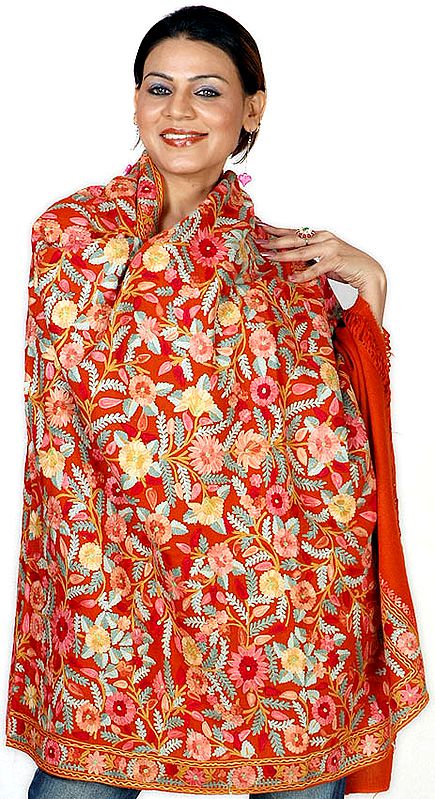Burnt-Orange Jamdani Shawl from Kashmir with Crewel Embroidered Flowers